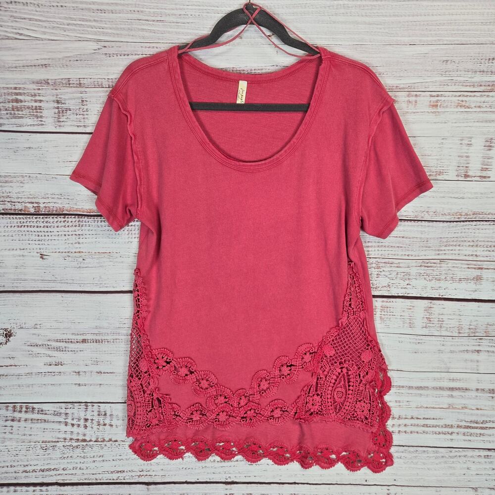 Free People Carnation Red Rosey Tunic Top S Crochet Lace Side Slit Boho Casual